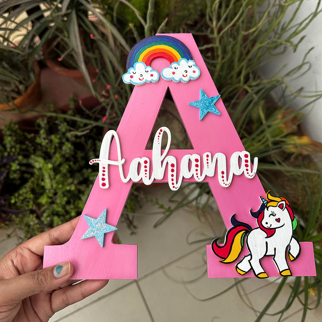 Handcrafted Personalized Kids Unicorn Themed Monogram Mdf Nameplate - Handheld Name Personalization Example