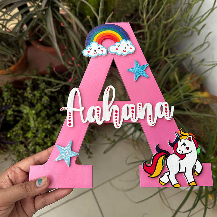 Handcrafted Personalized Kids Unicorn Themed Monogram Mdf Nameplate - Handheld Name Personalization Example