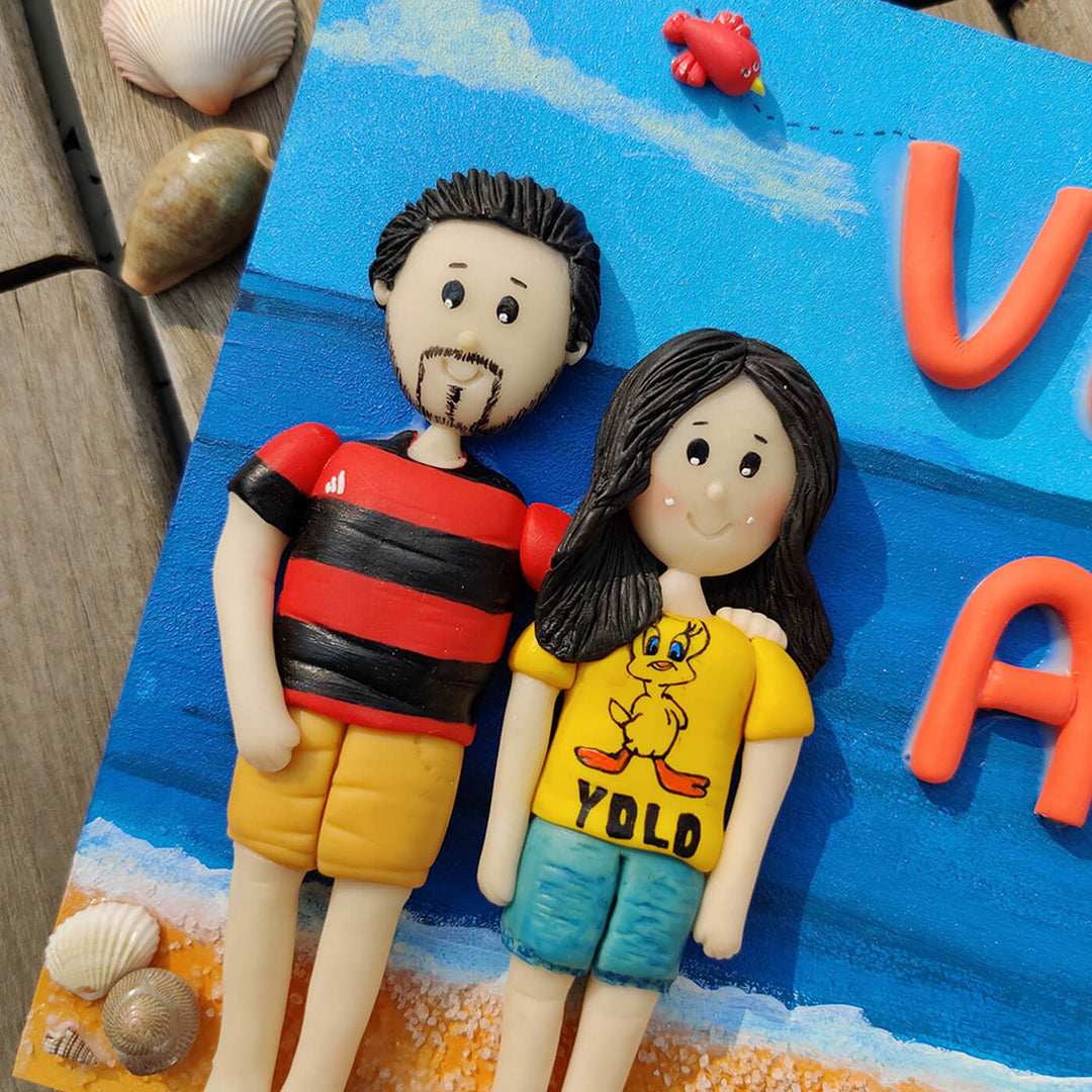 Handcrafted Personalized Clay Caricature Name Plate For Couples 1 - Close-up of Character Figurines