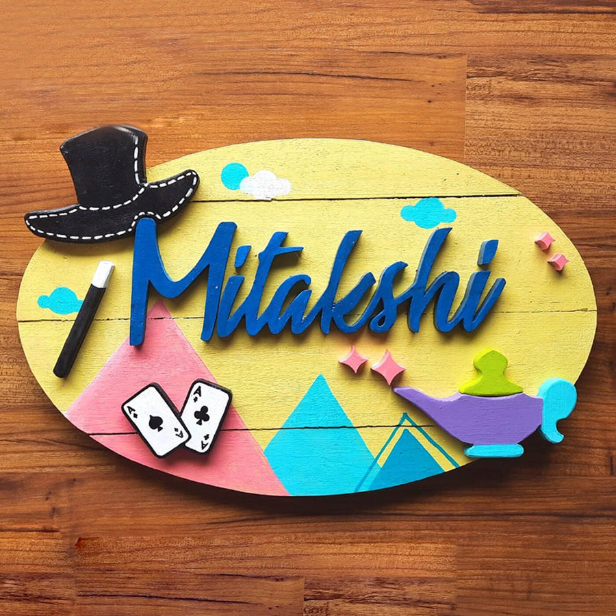 Hand Painted Personalized Magician Themed Wooden Name Plate - Name Personalization Example
