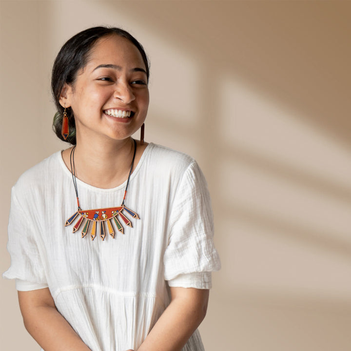Handcrafted Wood & Fabric Rays Necklace & Earrings