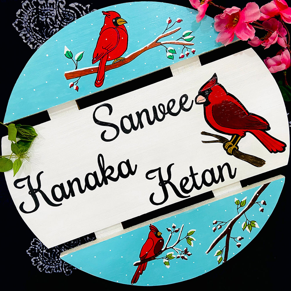 Handcrafted Personalized Red Cardinal Round Pinewood Name Plate - Top-Down View Showing Personalization