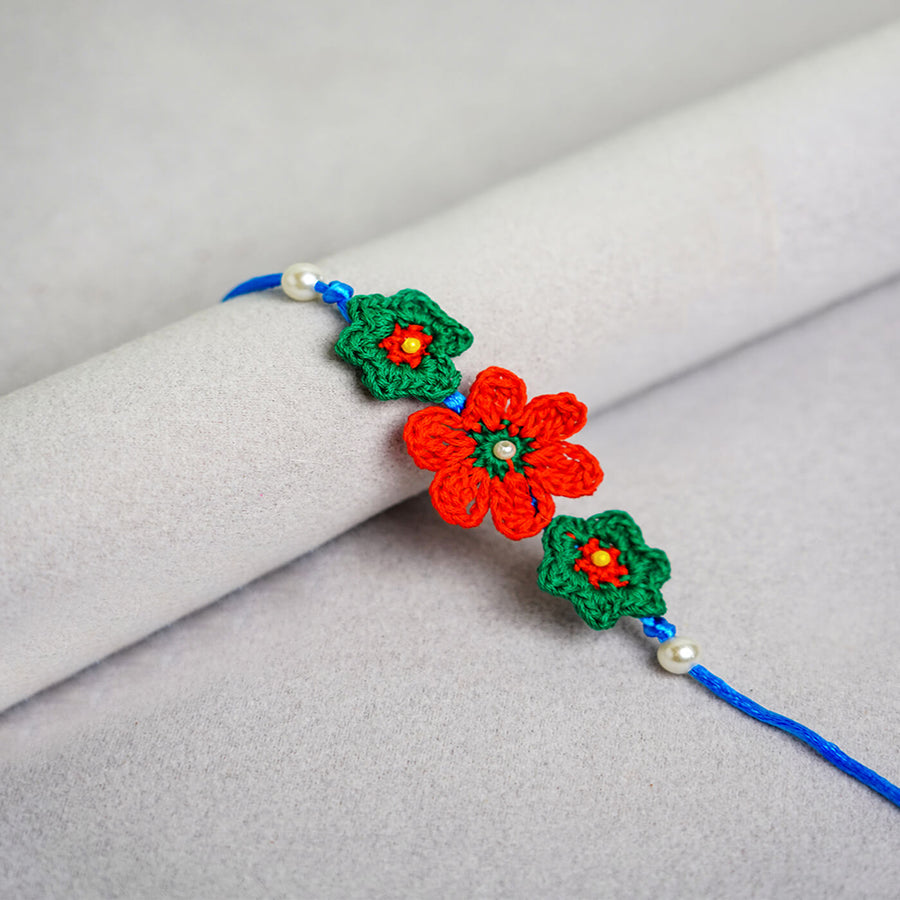Floral Handcrafted Crochet Rakhi With Roli Chawal For Kids 2 - Close-up on Detailed Crochet Design