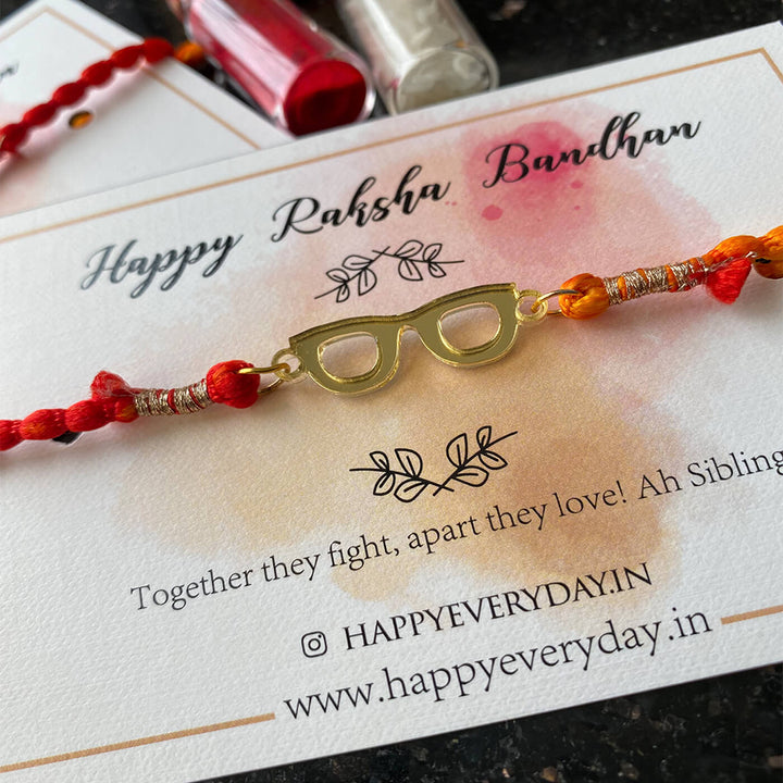 Handcrafted Golden Acrylic Rakhi With Roli Chawal 1 - Front View on Card (9)