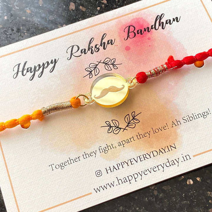 Handcrafted Golden Acrylic Rakhi With Roli Chawal 1 - Front View on Card (7)