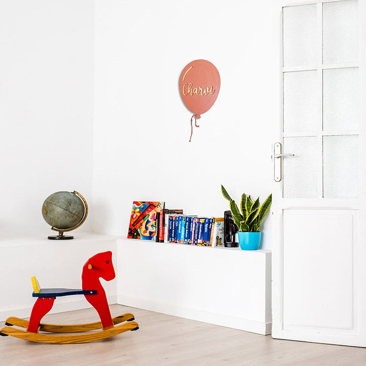 Handpainted Balloon Wooden Kids Name Plate 2 - Mounted on White Wall Above Shelf