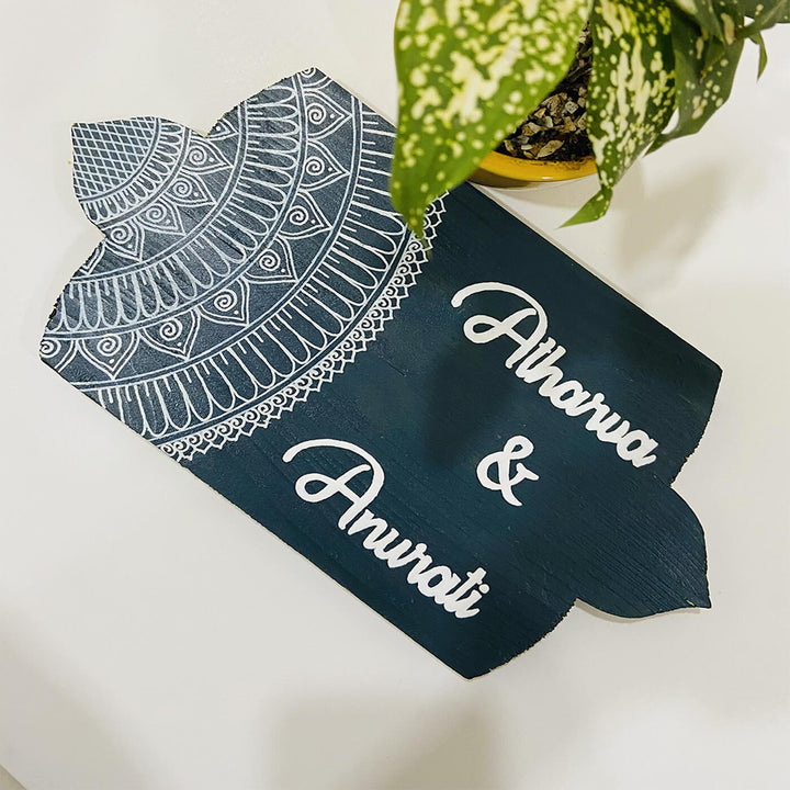 Handcrafted Personalized Mandala Round Pinewood Name Plate 1 - Flat Lay Showing Name Personalization