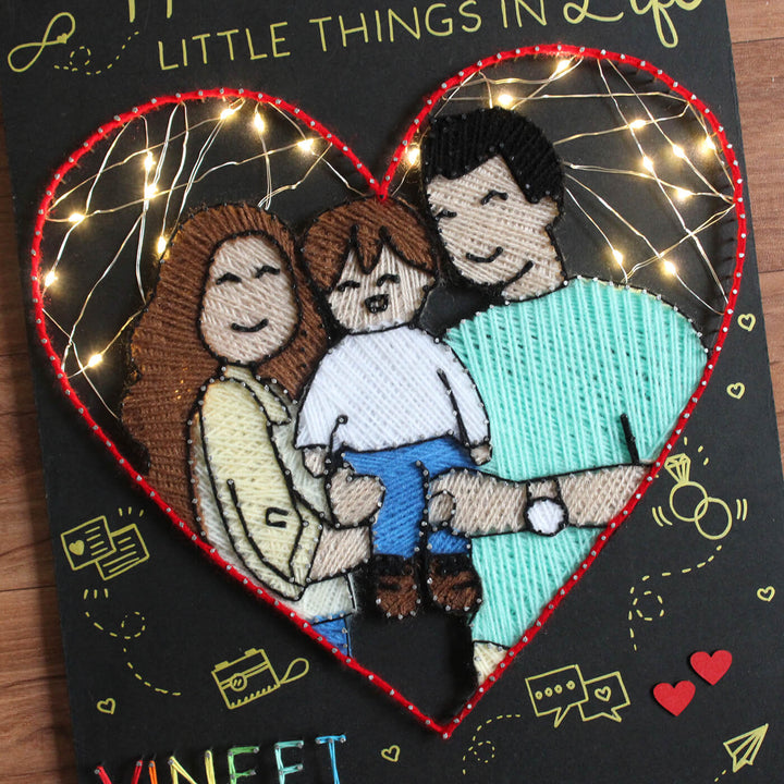 Handcrafted Personalized String Art Family Name Plate - Close-up of Embroidered Family Portrait