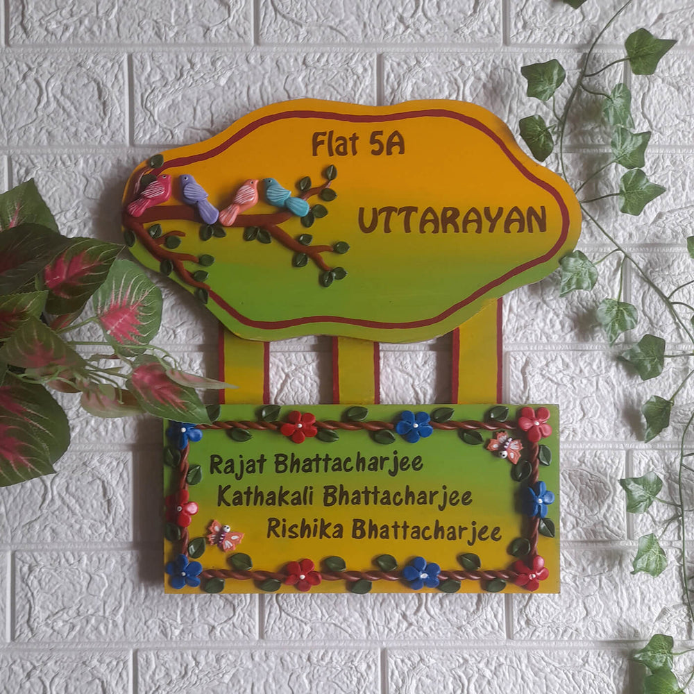 Handcrafted Personalised Bird Themed Name Plate - Mounted on Wall with Decorative Plants