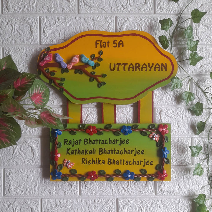 Handcrafted Personalised Bird Themed Name Plate - Mounted on Wall with Decorative Plants