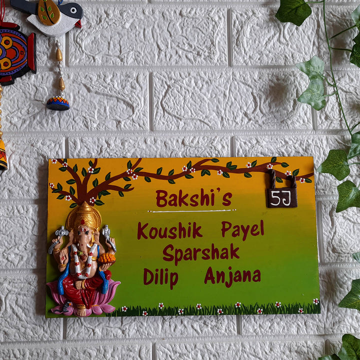Handcrafted Personalised Ganesh Themed Name Plate 1 - Mounted on Wall with Name Personalization