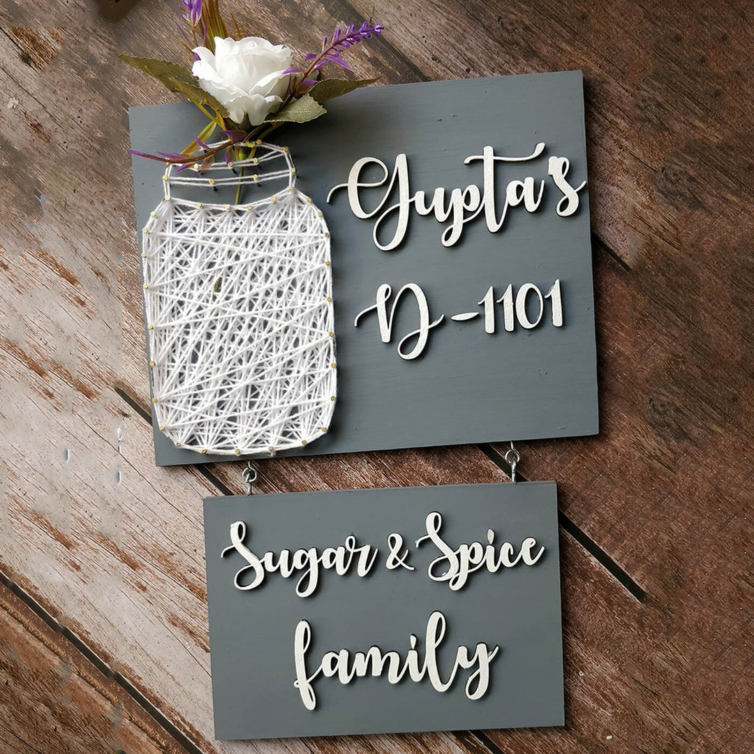 Sugar Spice Family Mason Jar String Art Personalised Name Plate - Hanging Wall Decor with Name Personalization