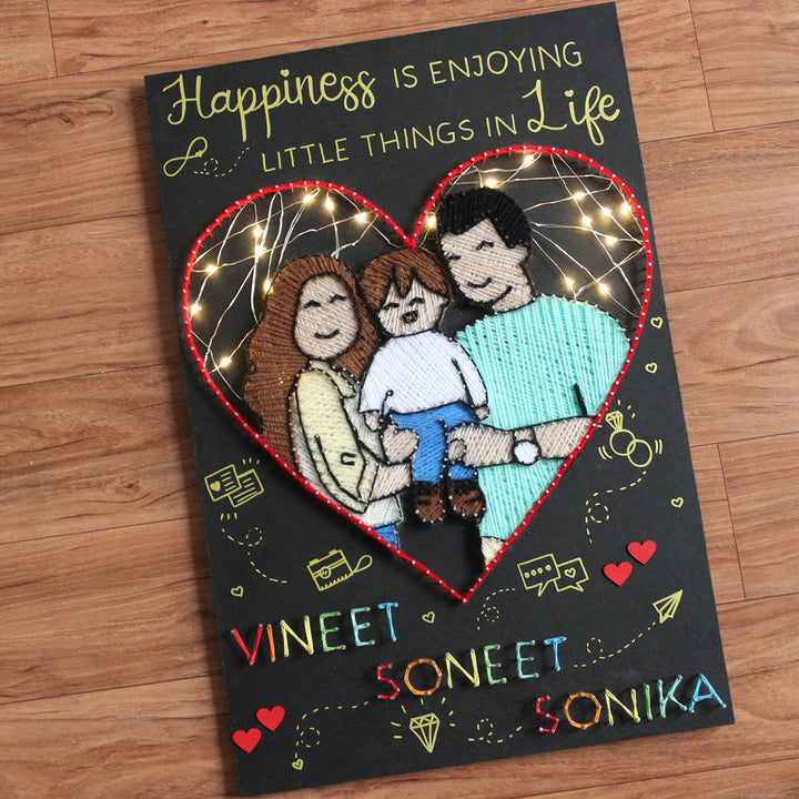 Handcrafted Personalized String Art Family Name Plate - Front View with Lighted Heart Frame