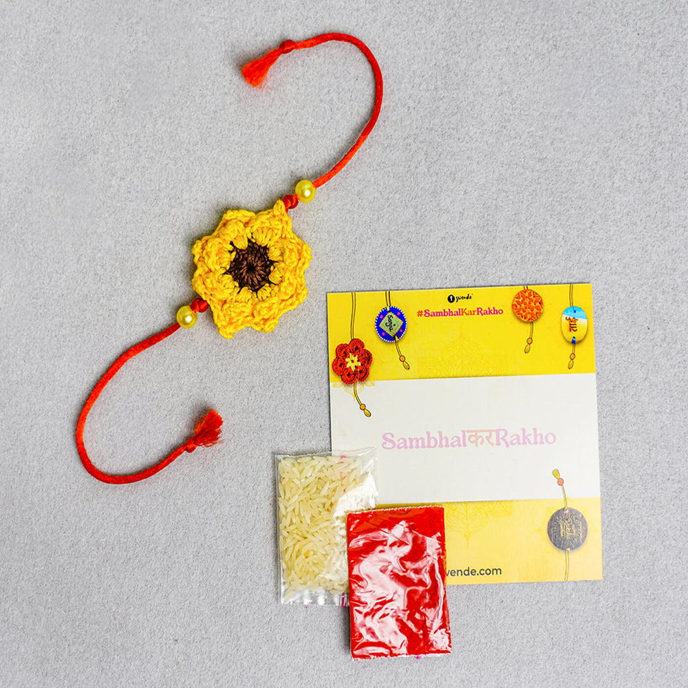 Floral Handcrafted Crochet Rakhi With Roli Chawal For Kids 1 - Complete Set with Packaging