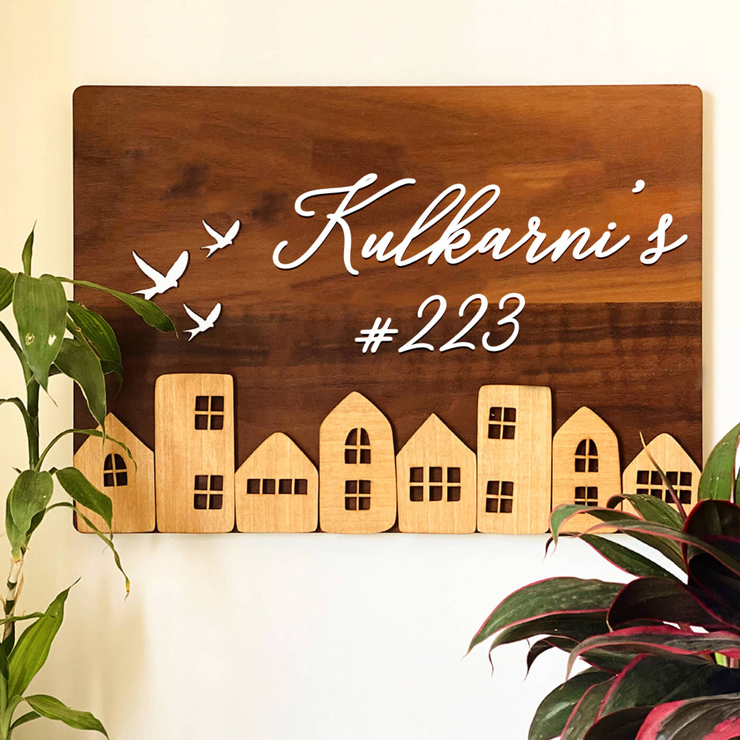 Personalised Wooden Rectangular House Name Plate 1 - Front View Mounted on Wall
