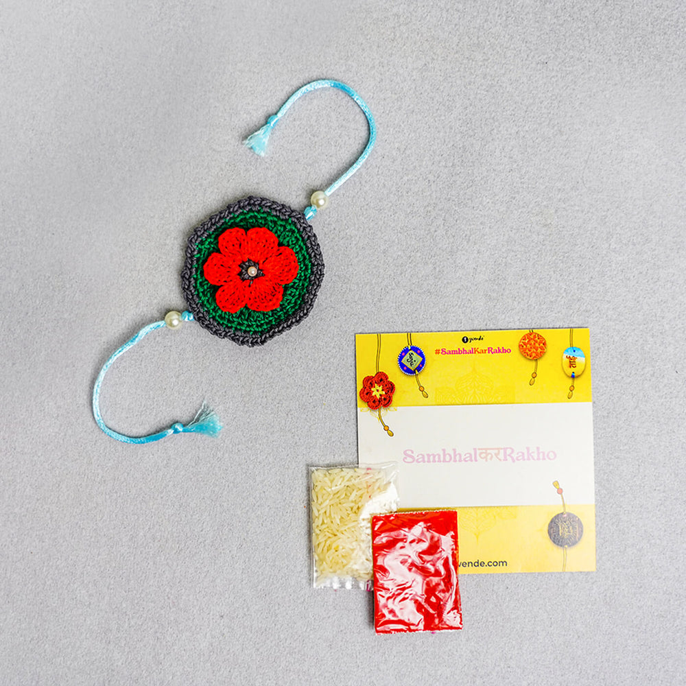 Floral Handcrafted Crochet Rakhi With Roli Chawal For Kids 3 - Product with Packaging and Accessories