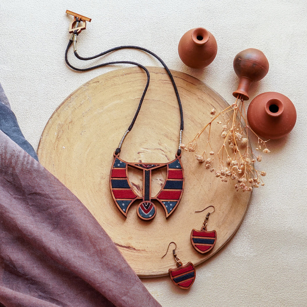 Handcrafted Wood & Fabric Arc Necklace & Earrings