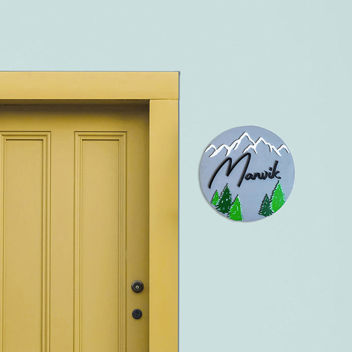 Handpainted Pine Mountain Wooden Kids Name Plate - Mounted on Exterior Wall Next to Door