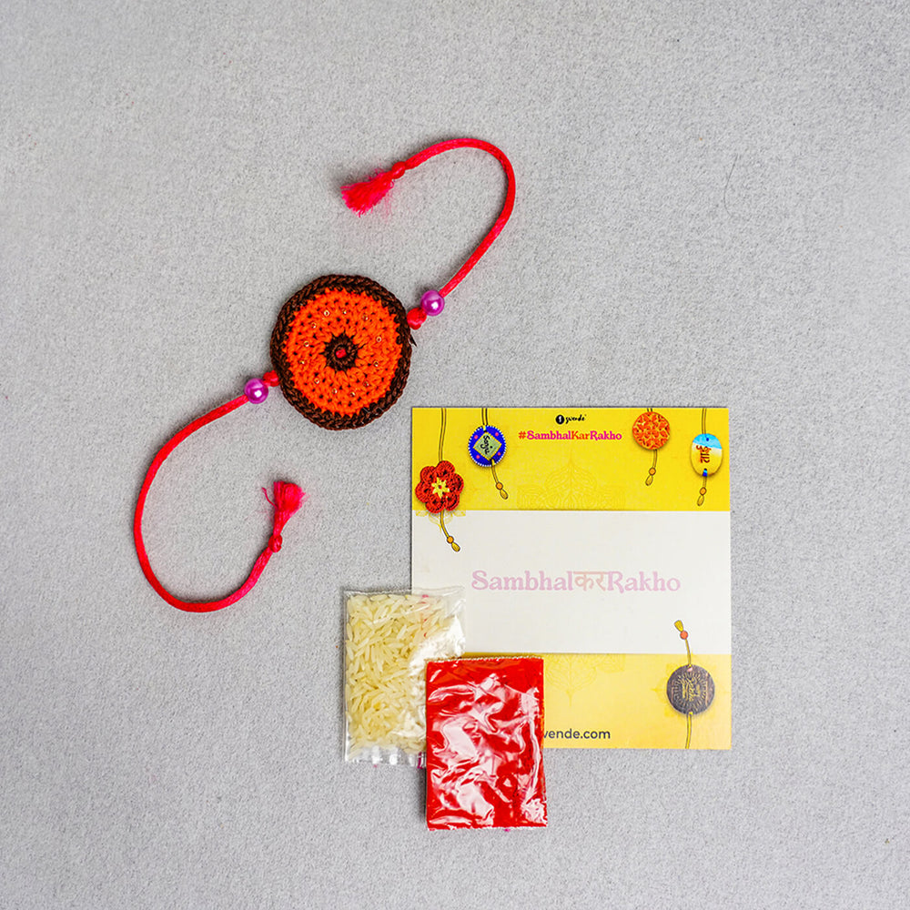 Handcrafted Mandala Crochet Rakhi With Roli Chawal For Kids 1 - Complete Rakhi Set with Packaging