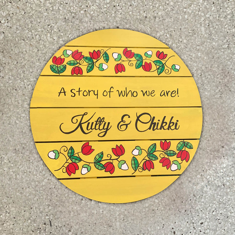 Round Hand Painted Madhubani Art Name Plate 2 - Flat Lay with Name Personalization