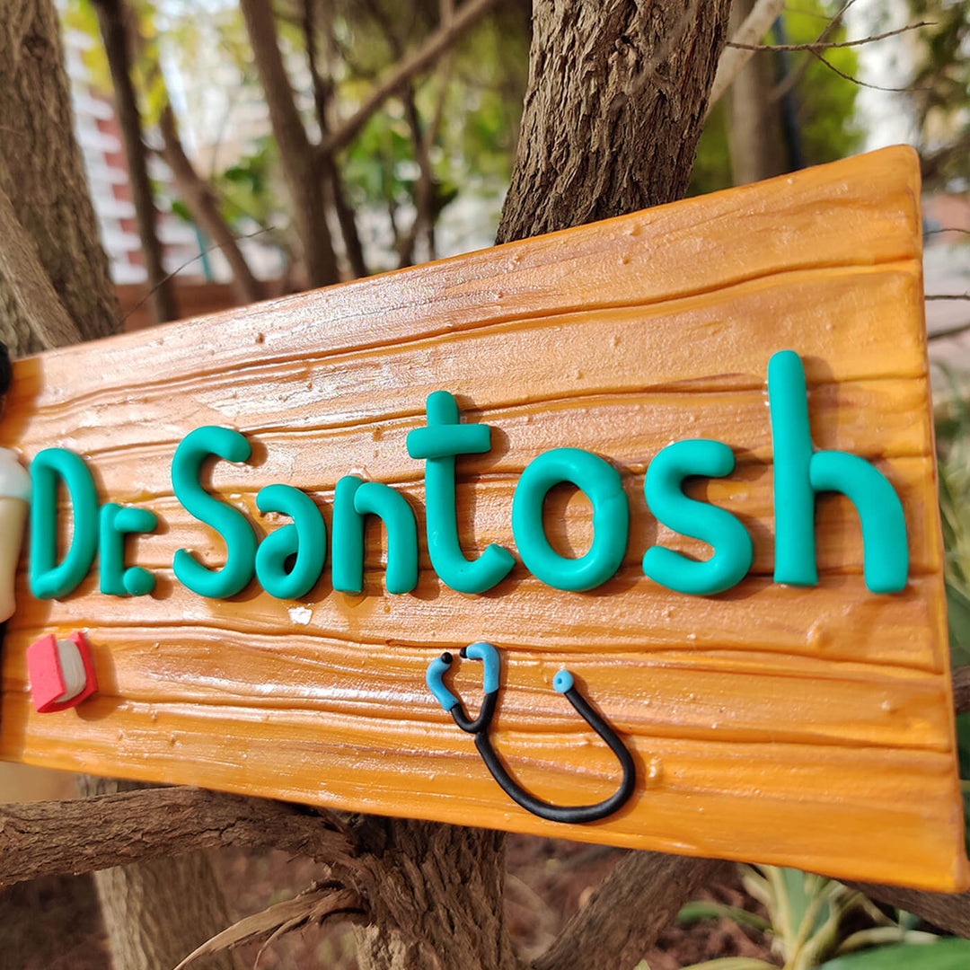 Handcrafted Personalized Clay Caricature Desk Name Plate For Doctors - Name Personalization Close-up on Wood
