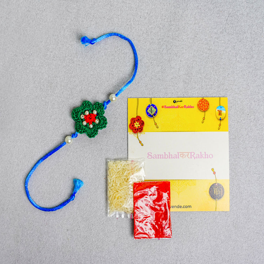 Floral Handcrafted Crochet Rakhi With Roli Chawal For Kids 4 - Kit Contents with Bracelet