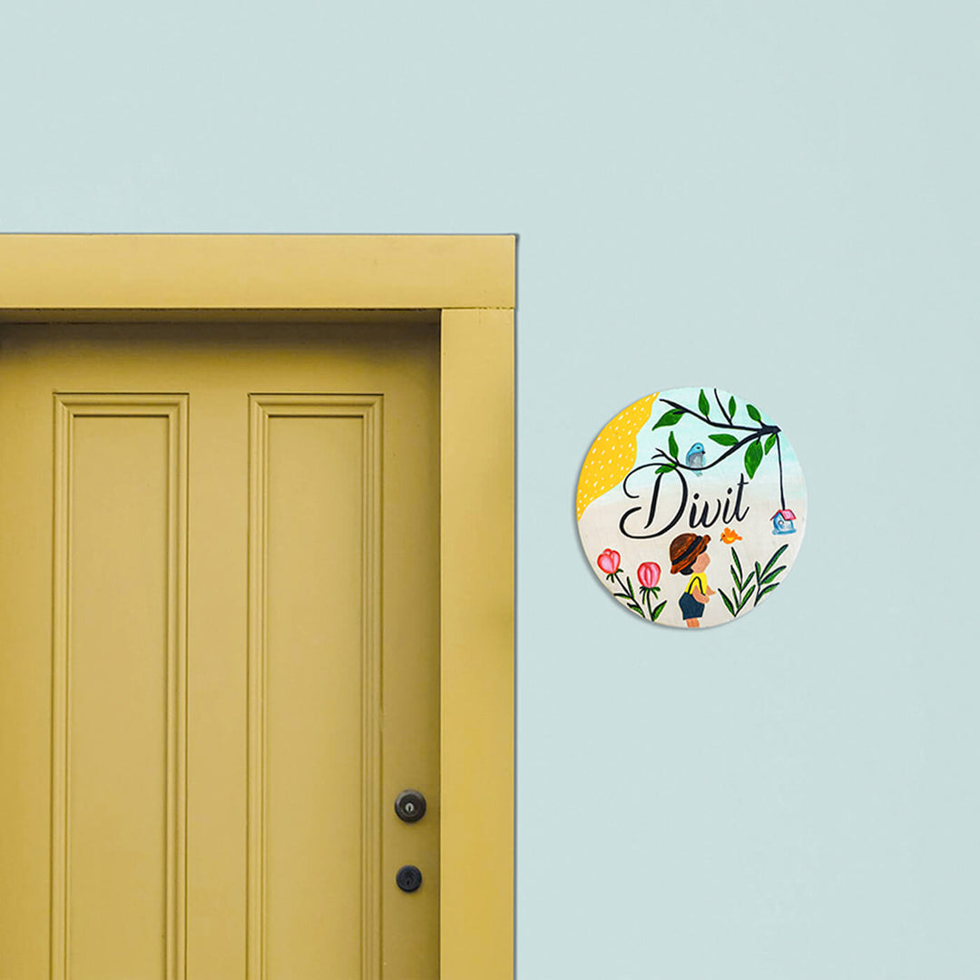 Handpainted Round Wooden Kids Name Plate - Mounted Next to Doorframe