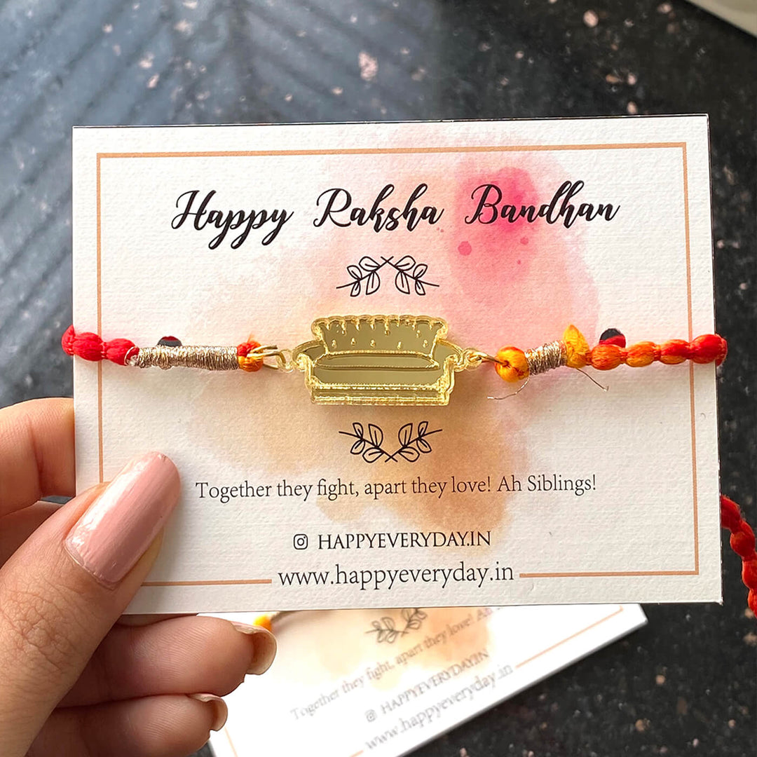 Handcrafted Golden Acrylic Rakhi With Roli Chawal 1 - Front View on Card (8)