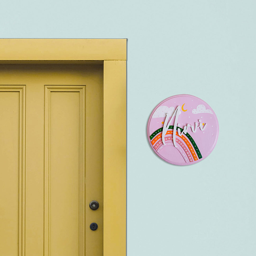 Handpainted Rainbow Wooden Kids Name Plate - Mounted on Wall Next to Door