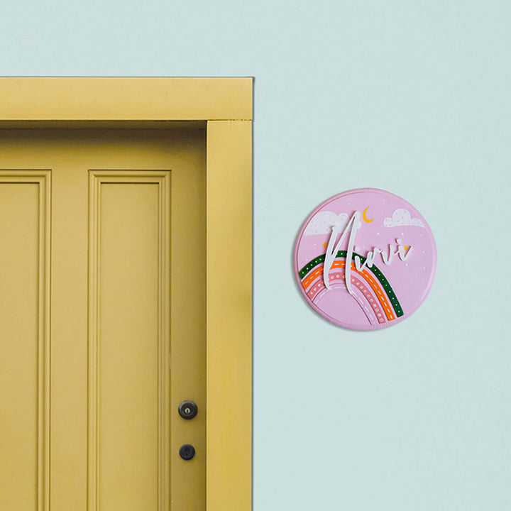 Handpainted Rainbow Wooden Kids Name Plate - Mounted on Wall Next to Door