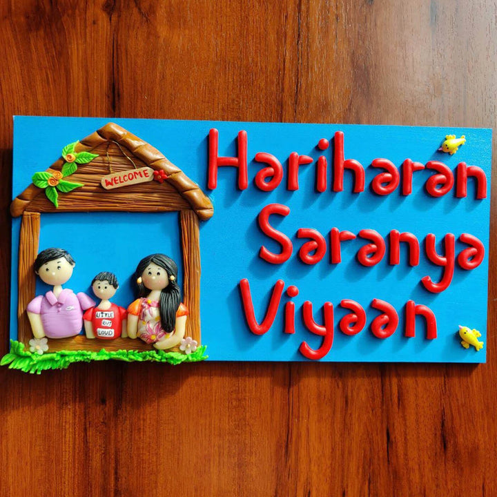Handcrafted Personalized Clay Caricature Family Name Plate - Name Personalization Example Front View