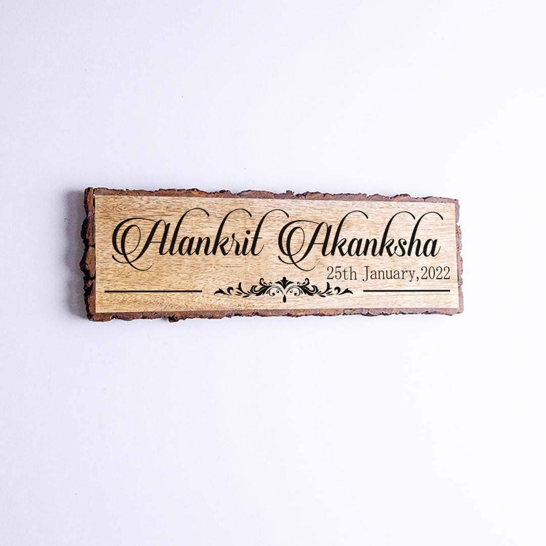 Handcrafted Mango Wood Personalized Name Plate For Couples - Front View with Name Personalization