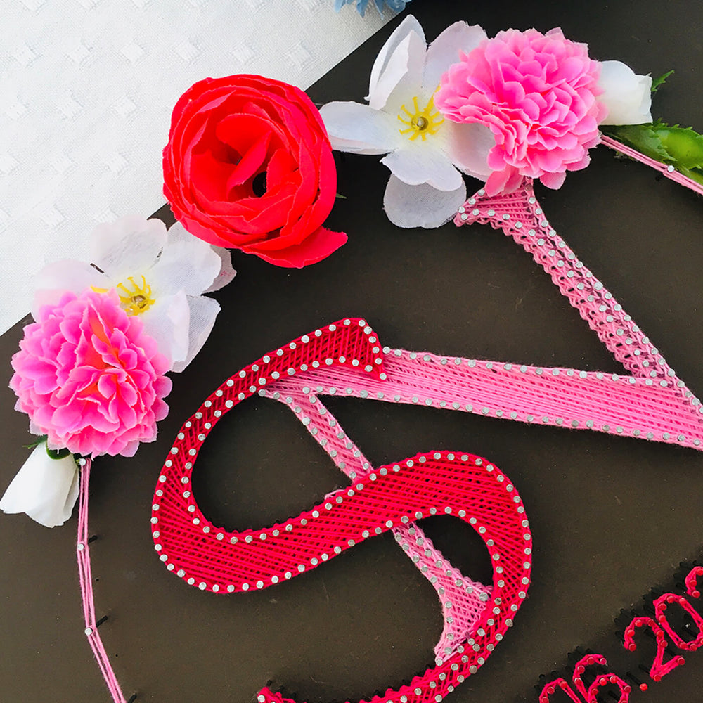 Wedding Couple Initials String Art With Floral Wreath - Flat Lay Showing Decorative Details