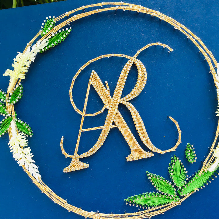 Wedding Couple Initials String Art With Leaf Wreath - Top View of Letter R with Details