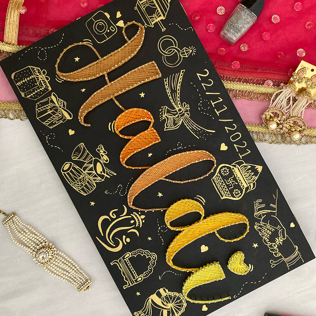 Haldi Theme String Art Name Plate - Top-down Angle Showing Full Design