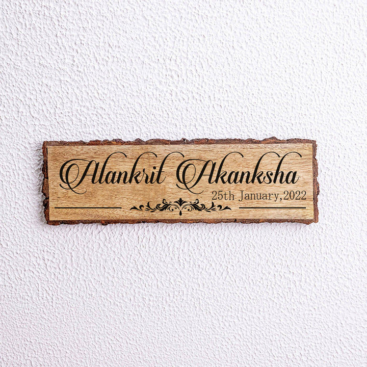 Handcrafted Mango Wood Personalized Name Plate For Couples - Mounted on Textured Wall