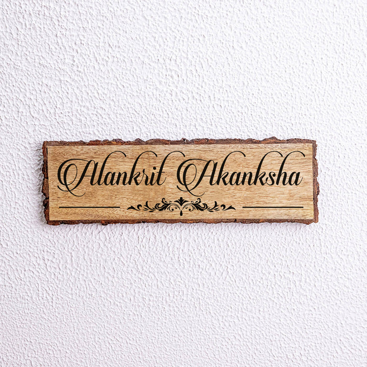 Handcrafted Mango Wood Personalized Name Plate For Couples 1 - Mounted on Wall Close-up