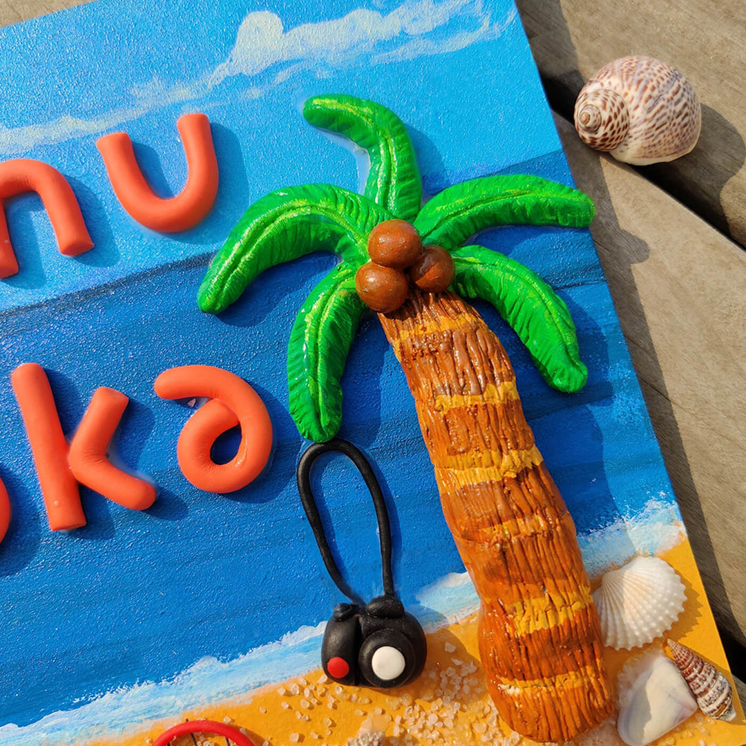 Handcrafted Personalized Clay Caricature Name Plate For Couples 1 - Engraving Close-up with Beach Details