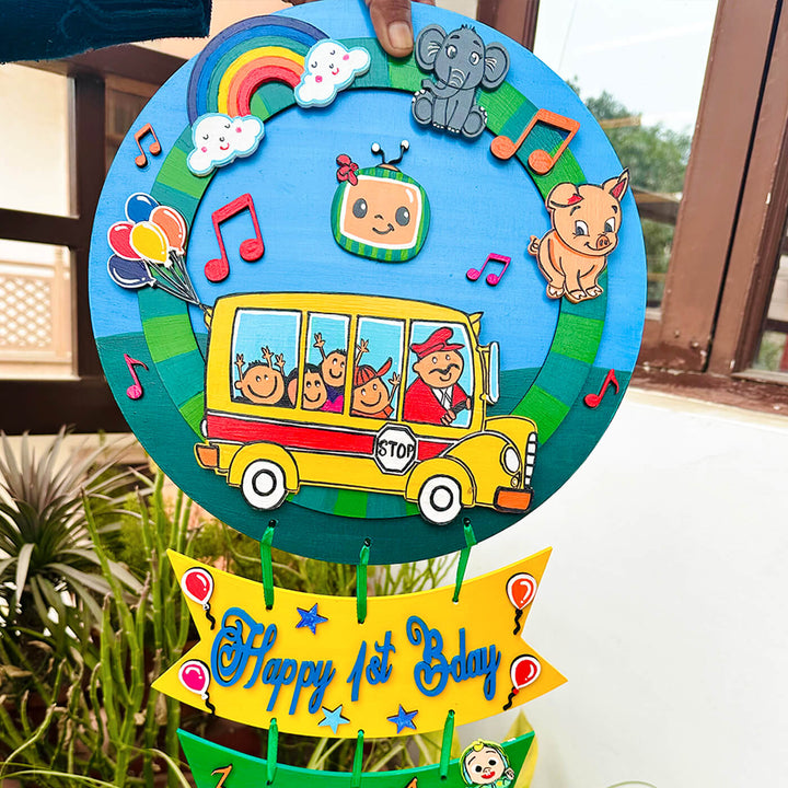 Hand Painted Personalized First Birthday Theme Kids Name Plate - Front View with Birthday Banner