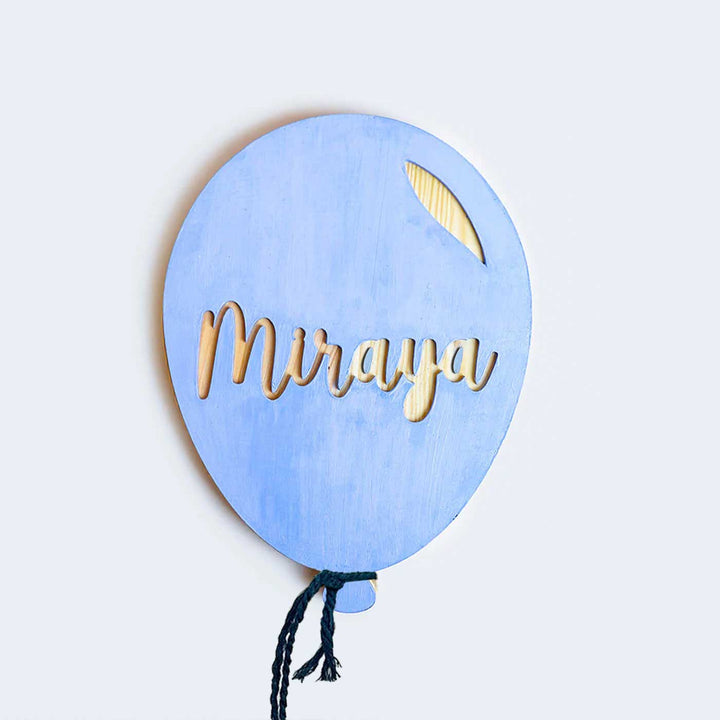 Handpainted Balloon Wooden Kids Nameplate - Front View with Name Cutout