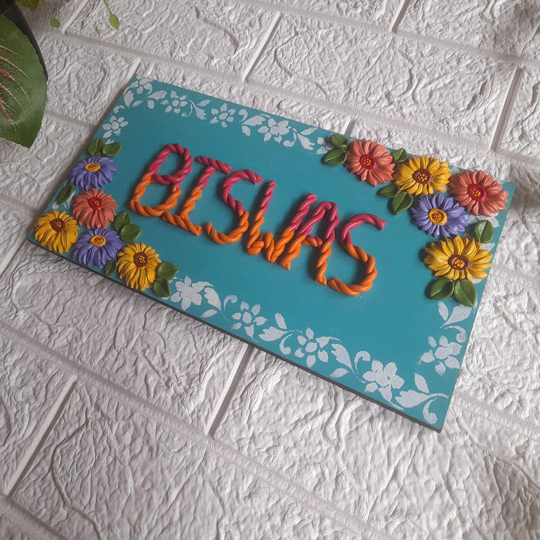 Handcrafted Personalised Floral Themed Name Plate 1 - Angled View Showing Name Personalization