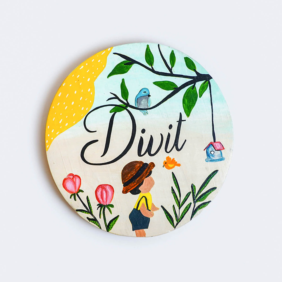 Handpainted Round Wooden Kids Name Plate - Front View with Name Personalization