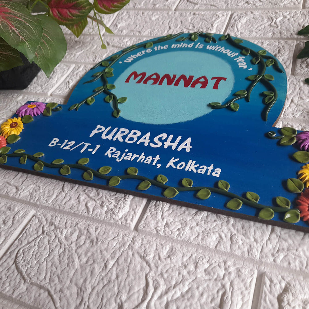 Handcrafted Personalised Floral Themed Name Plate 2 - Angle Showing Front and Depth
