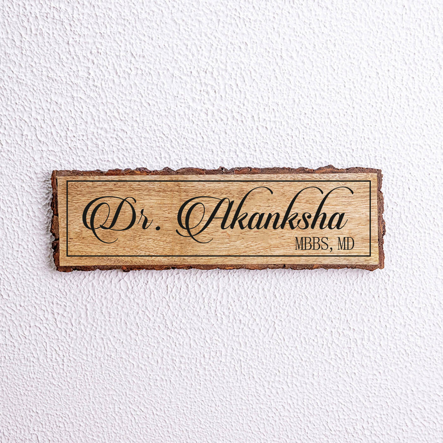 Handcrafted Mango Wood Personalized Professional Name Plate For Doctors - Front View Hanging on Wall