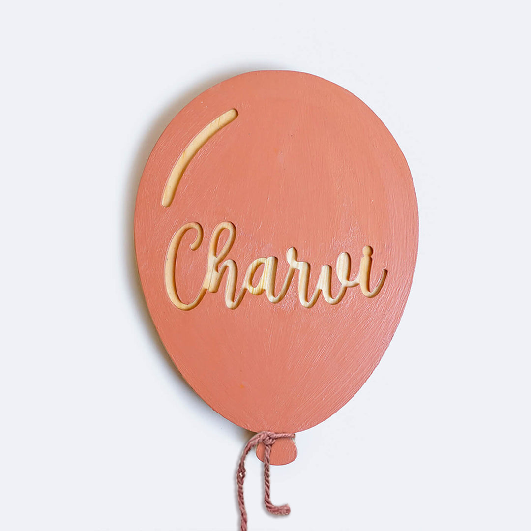 Handpainted Balloon Wooden Kids Name Plate - Front View with Name Personalization