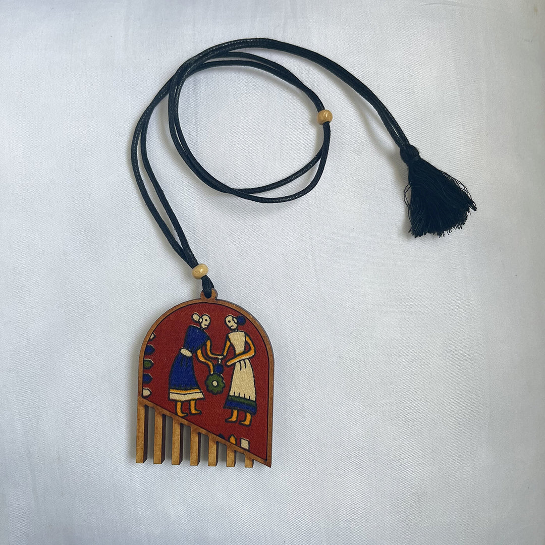 Handcrafted Wood & Fabric Fringe Earrings & Necklace