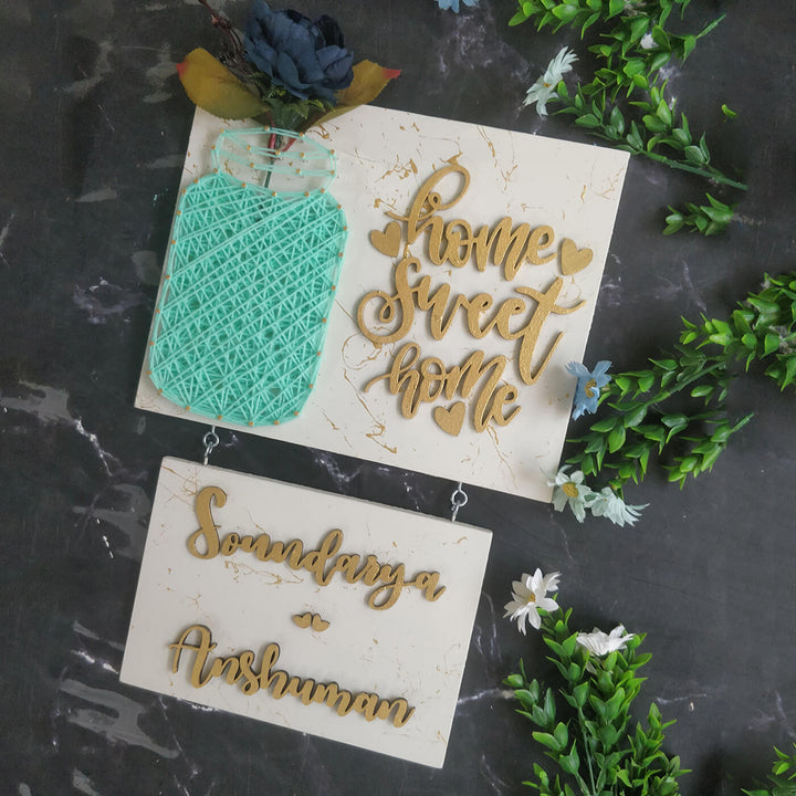 Home Sweet Home Mason Jar String Art Personalised Name Plate 3 - Top-down View of Hanging Sign