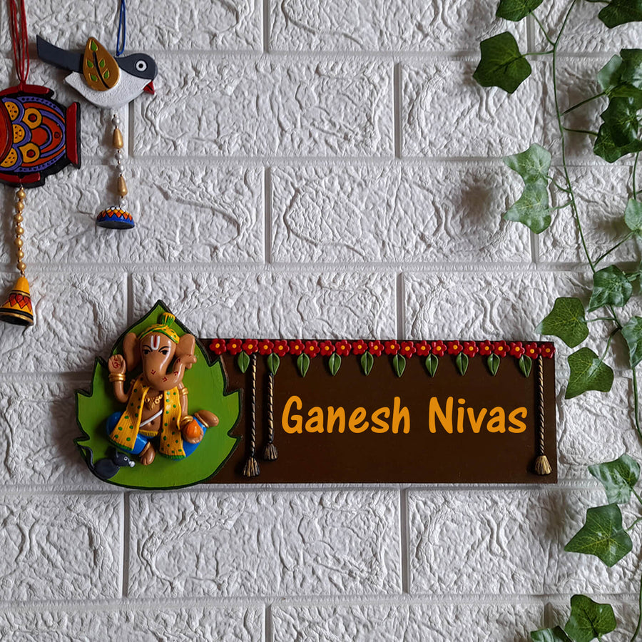 Handcrafted Personalised Ganesh Themed Name Plate 2 - Mounted on Wall with Side Decor
