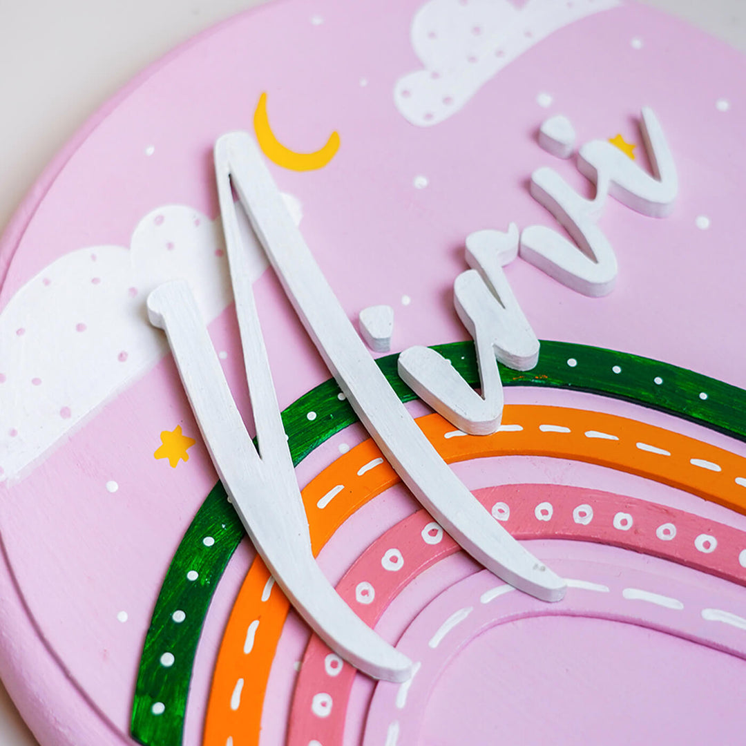 Handpainted Rainbow Wooden Kids Name Plate - Name Personalization Close-up