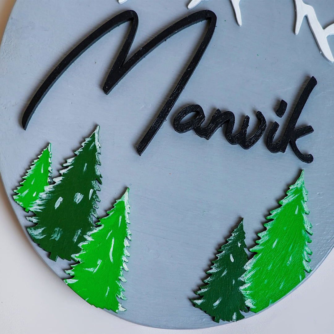 Handpainted Pine Mountain Wooden Kids Name Plate - Engraving and Layered Detail Close-up